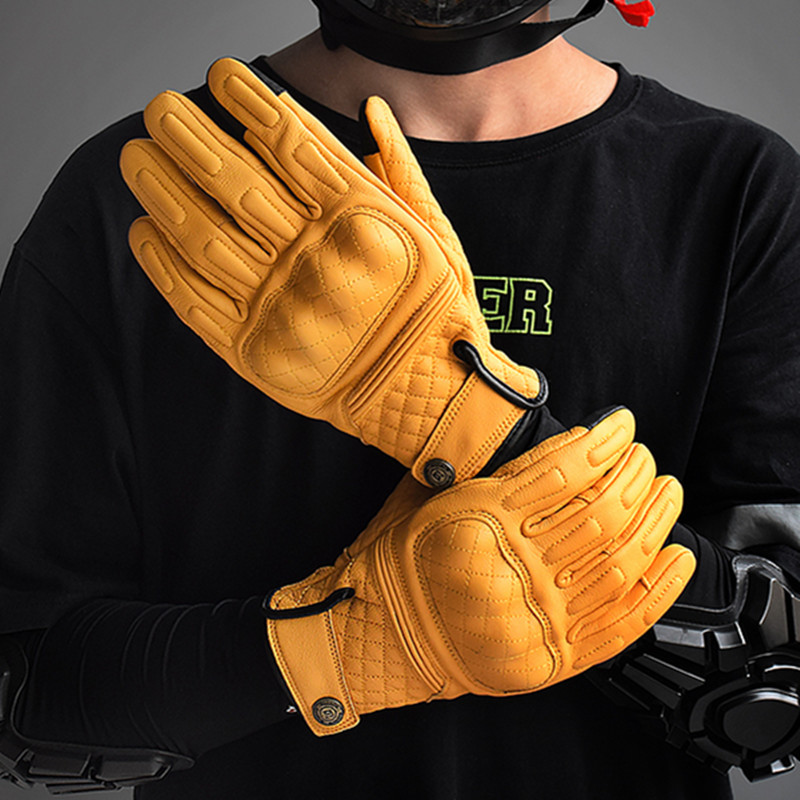 Motorcycle Gear Yellow - Retro Deri Motosiklet Eldivenleri Tam Parmaklı
